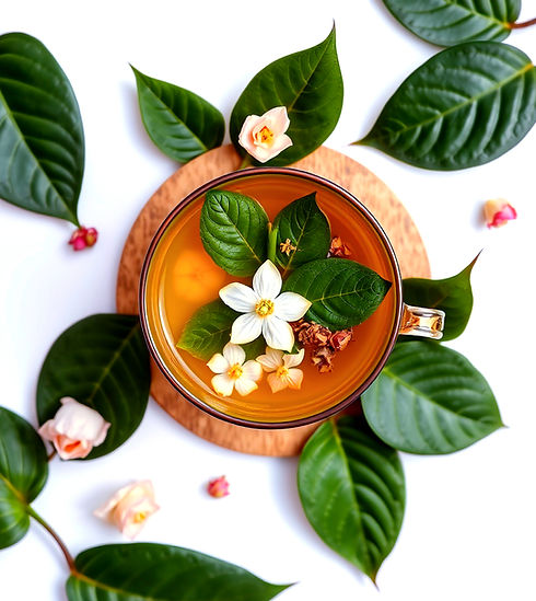 pothos leaves surrounding cup with jasmi