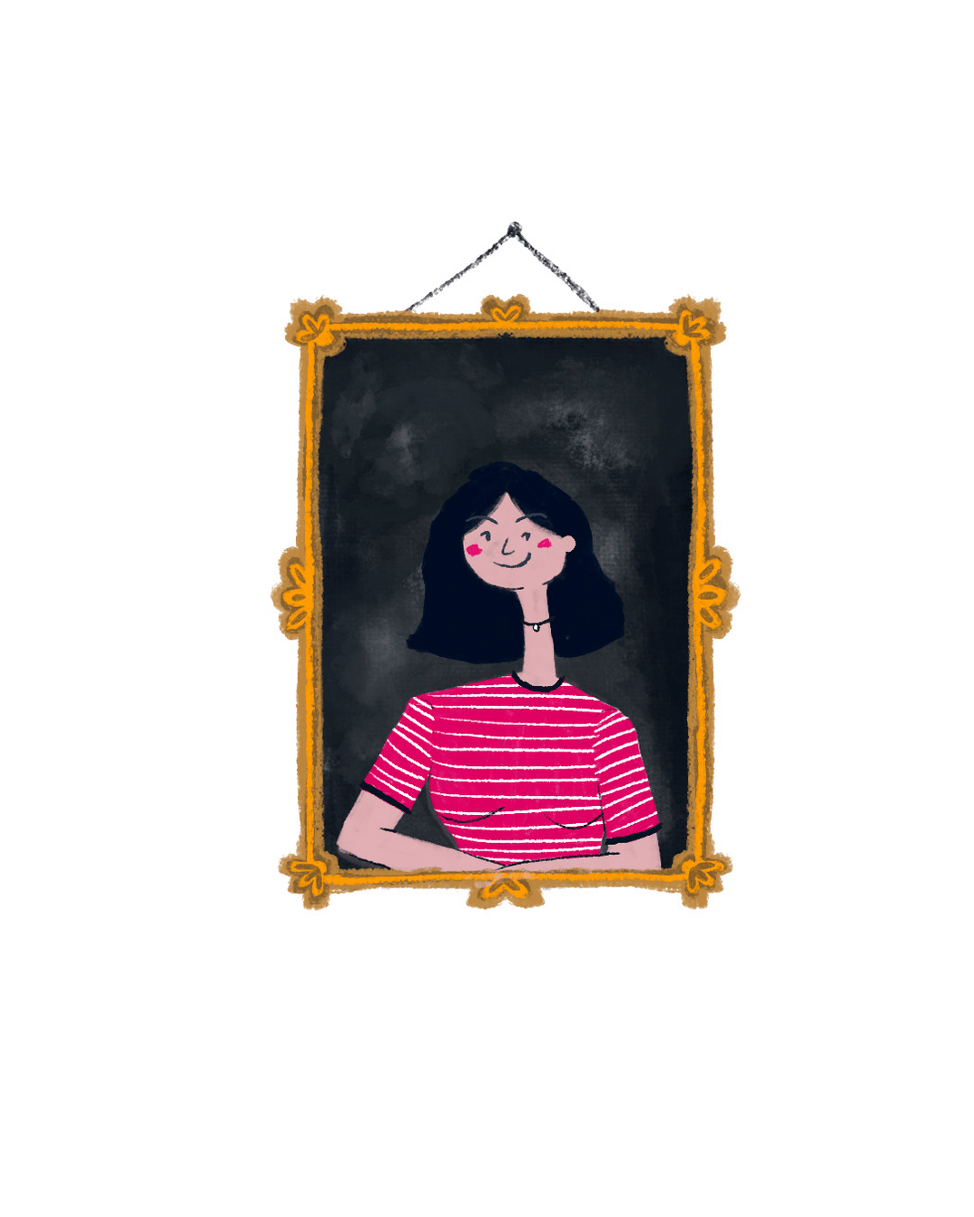 Ilustración de una mujer de cabello oscuro con fondo oscuro, estilo artístico personal de MoonMarie