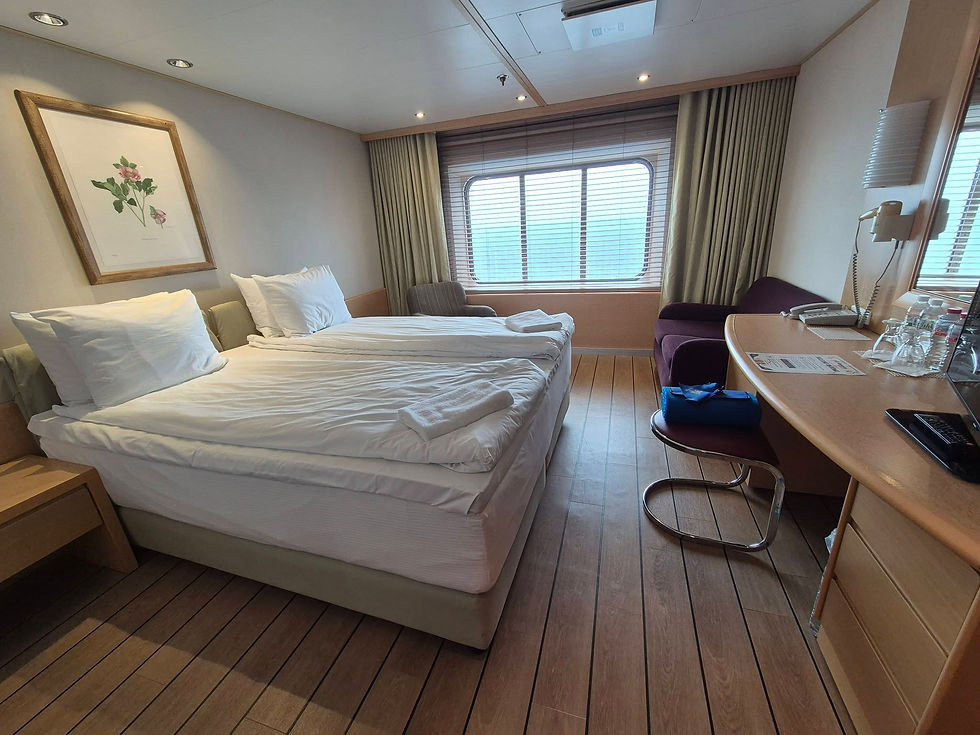 Cosy Hibernia Line cabin with two twin beds, window, desk, purple chair, and flower art; neat, empty, and softly lit.