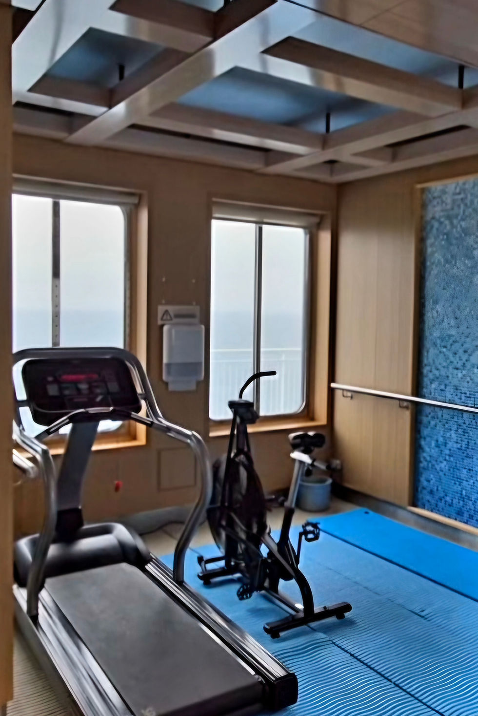 Empty ferry gym with a treadmill, stationary bike and blue floor mats by windows, in a calm wood-panelled room.