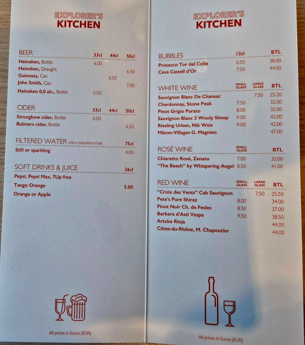 drink menu at DFDS Explorer’s Kitchen listing beer, cider, water, soft drinks, wine, and prices in euros on white pages.