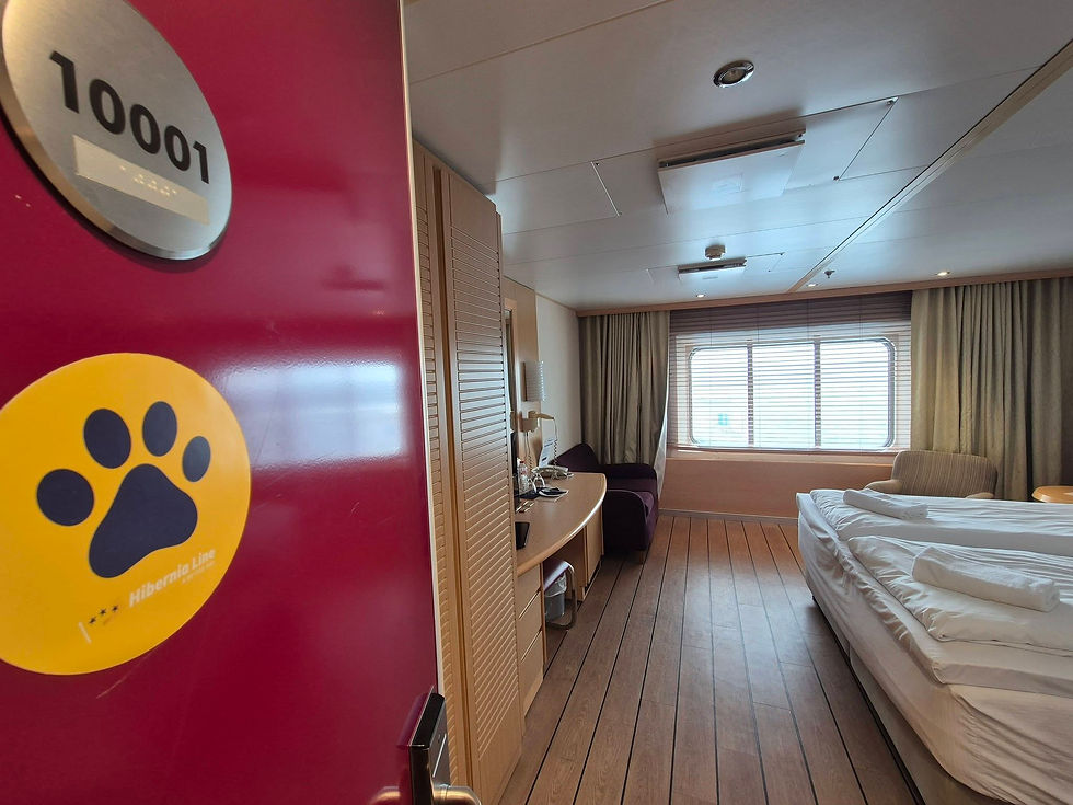 Hibernia Line pet friendly deluxe ship cabin 10001 with Hibernia Line logo, twin bed, desk, and window blinds in a tidy, quiet room.