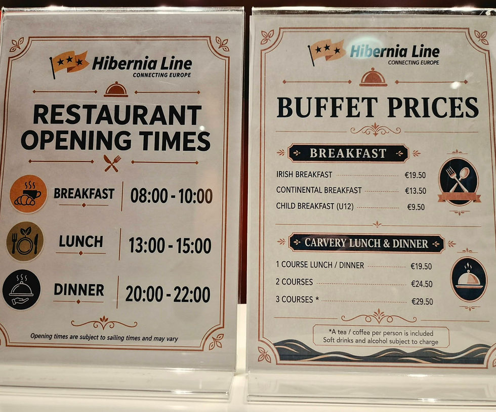 Two Hibernia Line restaurant menus show opening times and buffet prices for breakfast, lunch, dinner, with euro prices.