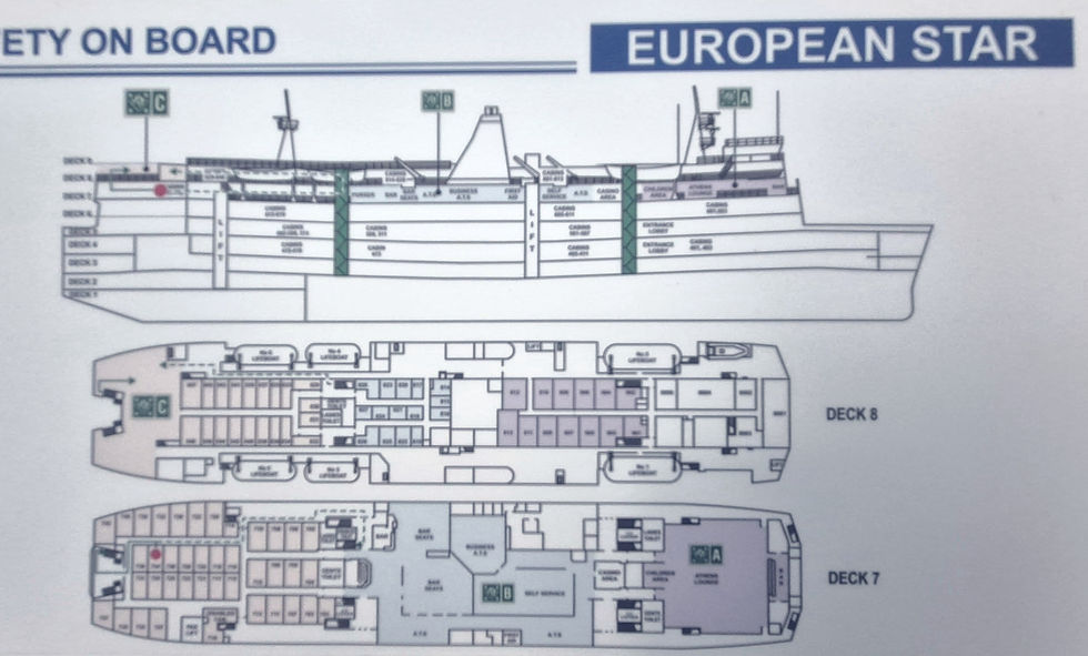 Diagram of the ship "European Star" showing side view and deck plans for decks 7 and 8 with cabins and common areas labelled.