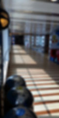 Sunlit hallway with wooden floor and striped shadows. Cartoon character on the wall. Three metallic bins in foreground. Peaceful ambiance.