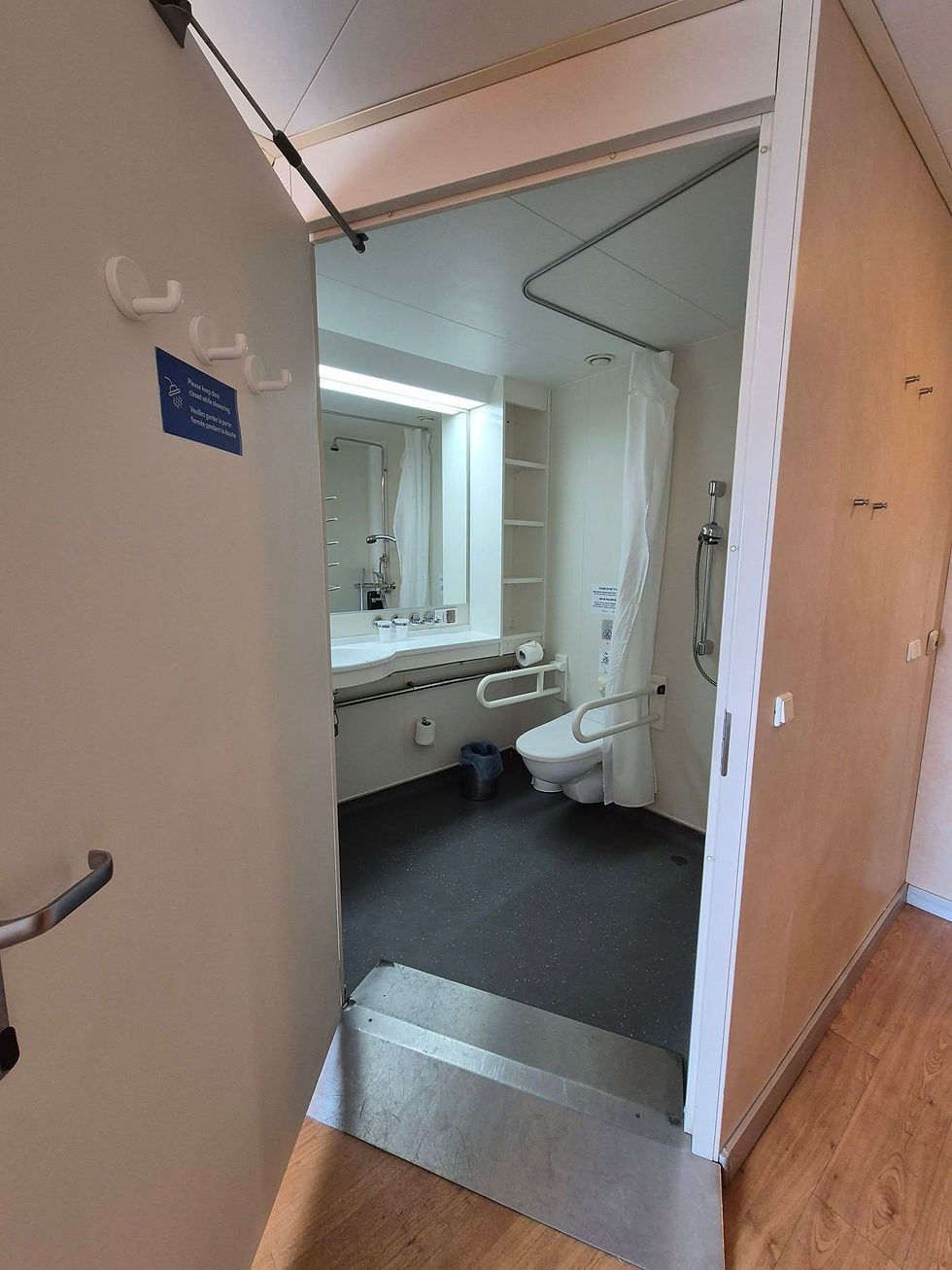 Accessible bathroom on Hibernia Line ferry with open door, toilet, grab bars, shower, mirror, and blue sign on the wall; clean, clinical look