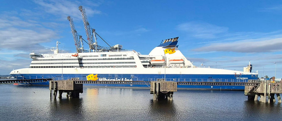 Large Hibernia Line ship St Patrick docked at Cork harbour beside cranes under a bright blue sky.