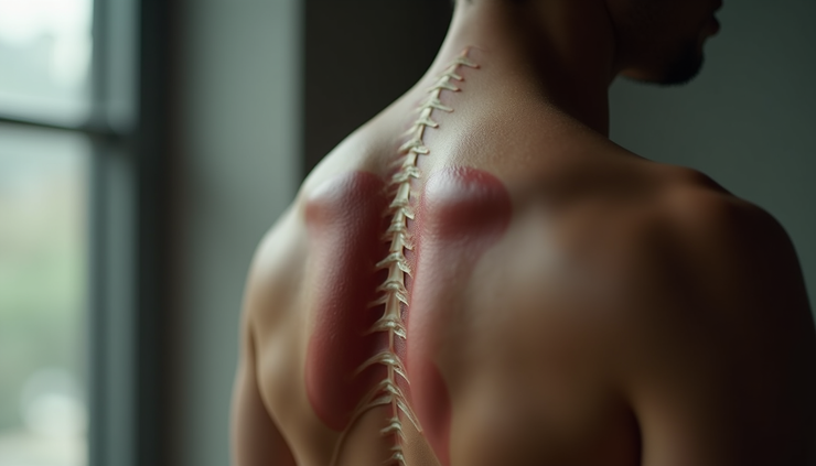 Close-up view of a person’s upper back showing the rhomboid muscle area between the shoulder blade and spine