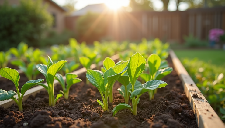Eye-level view of a raised garden bed filled with young spring vegetable plants in California