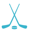 Blue illustration of corssed hockey sticks and puck