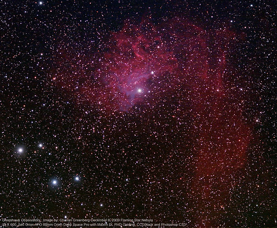 IC 405 (also known as the Flaming Star Nebula, SH 2-229, or Caldwell 31) is an emission/reflection nebula[1] in the constellation Auriga, surrounding the bluish star AE Aurigae. It shines at magnitude +6.0. 