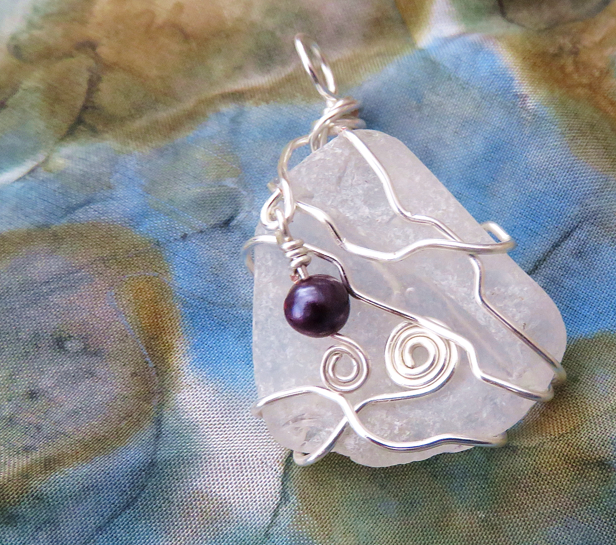 Sea glass with freshwater pearl