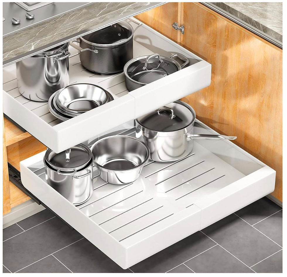 Kitchen cabinet with white pull-out drawers holding stainless steel pots and pans, accessibility storage solution, landscape