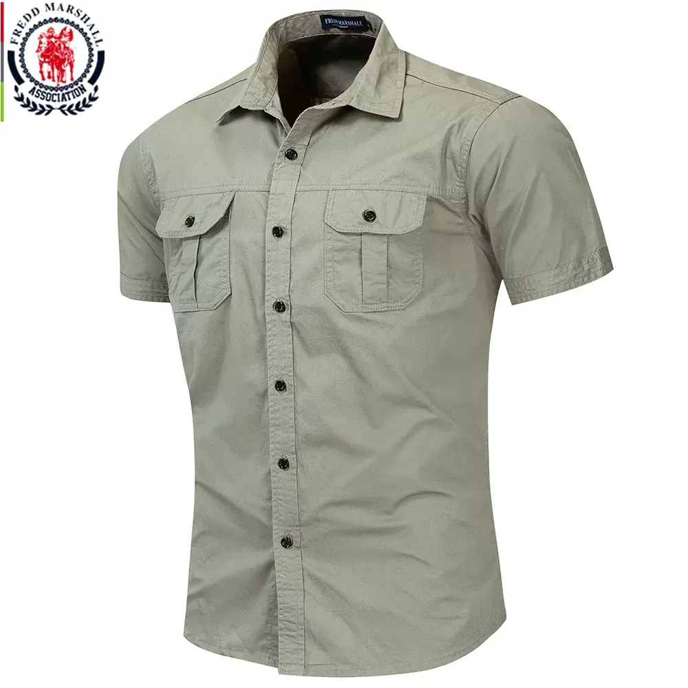 Fredd Marshall New Mens Military Shirt Men Short Sleeve Cargo Shirts 100%