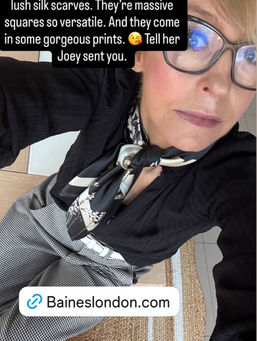 Screenshot of Jo Elvin's stories recommending Baines London and wearing her black and cream scarf
