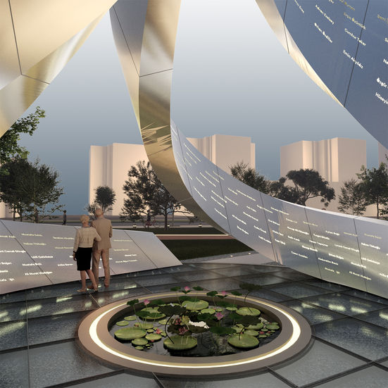 Bursa Sağlık Çalışanları Anıtı
Yıl:2022
Konum:Bursa Nilüfer
Tip:Anıt
Sağlıkçılar, uygarlık tarihininden beri, insanlığın en zor dönemlerinde insanlığa bir ‘’umut ışığı’’ olmuşlardır. Çeşitli hastalıkların, salgınların ve problemlerin olduğu dönemlerde medeniyetler sağlıkçılara umut bağlamıştır. İçinde bulunduğumuz zorlu dönemde, ön cephede, hiç tanımadığı insanlar için canını feda eden ve çeşitli araştırmalarda görev yaparak geleceğe dair bize umut veren sağlık çalışanlarının isimlerinin bu anıtla yaşatılması amaçlanmaktadır.
Anıt, bir merkez etrafında 120 derece dönen 3 adet heykelsi kütleden oluşmaktadır. Anıtı çevreleyen ve gökyüzüne doğru uzayan, üzerinde vefat eden sağlık çalışanlarımızın ve bu zorlu dönemde insanlığa yardım etmek için çeşitli araştırmalarda ve görevlerde bulunmuş bilim insanları ve sağlık çalışanlarının isimleri aydınlatılarak gökyüzüne doğru uzanacaktır.
Yapıt, asıl formunu ellerini gökyüzüne doğru açmış insan elinden almaktadır. Ülkemizin ve dünyanın içinde bulunduğu zor dönemde insanlığı elleriyle ayakta tutan sağlık çalışanlarına kavramsal bir gönderme yapılmıştır. Anıtı deneyimleyen insanları adeta “korurcasına” çevreleyen ve üzerinde isimlerin yazılı olduğu “koruma duvarı”, gökyüzüne doğru yükselir ve anıtın ortasında gökyüzünü aydınlatan ışık hüzmeleri oluşturmaktadır.
Yapıtın gün içinde çeşitli saatlerde çevresiyle dinamik bir ilişki kurması için, yansıtıcı ve çağdaş bir materyal olan paslanmaz çelik tercih edilmiştir. Birçok modern anıt yapılarında kullanılan paslanmaz metal, hafif, uzun ömürlü, dayanıklı ve kolay işlenebilir olması sebebiyle tercih edilmiştir.
Anıtın tam ortasına bir havuz konumlandırılmıştır. Bu havuz, tıp biliminde tarihsel ve mitolojik anlamda önemli bir yere sahip olan, kendini ve bulunduğu pis suyu arındıran, çeşitli medeniyetlerde “yeniden doğuşu” temsil eden nilüfer (lotus) çiçeği ile donatılmıştır. Nilüfer çiçeğinin tercih edilmesinin bir diğer sebebi ise Nilüfer Belediyesi’nin kurumsal kimliğini oluşturan sembol olmasıdır. Bu havuzun ortasında konumlandırılacak olan 1000-2000W arası projektör ile gökyüzünü “umut ışığı” olarak tanımlanan ışık hüzmeleri aydınlatacaktır. Bu ışıklandırma sistemi, dünya çapında bir çok anıt yapısında uygulanmaktadır.
YERLEŞİM ÖNERİSİ
Anıtın çevresine ve parkı deneyimleyen insanlara daha güçlü bir etki uyandırması amacıyla Dr. Refik Saydam parkının merkezine konumlandırılması önerilmektedir. Bir merkez etrafında 120 derecelik açıyla konumlaşıp sarmal oluşturan anıta ulaşım için 3 farklı yol önerilmiştir. Bu yollar, güneş ışığının az olduğu saatlerde, vefat eden sağlık çalışanlarımızı anmak amacıyla çapraz şekilde aydınlatılan, “anma yolu” görevi gören bir aks önerilmiştir. Bu yolları bağlayan ve anıtı çevreleyen çeşitli alanlarla da park deneyimi önerilmiştir. Parkın çeşitli noktalarında farklı enstalasyonlar (açık hava sergi alanı gibi) önerilebilir.