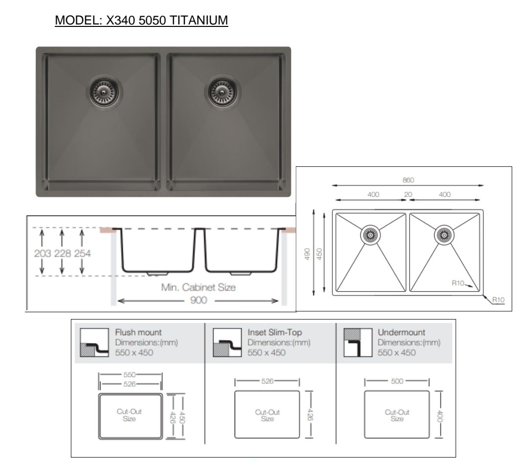 2 Bowl Stainless Steel Sink 86Cm X 50Cm Colour Titanium. Model Colox3405050Tit