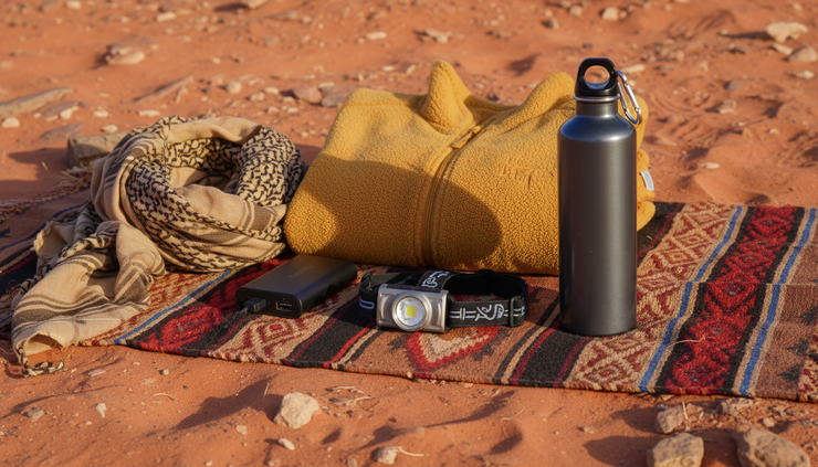 Close-up of essential desert camping items laid out on a woven blanket.