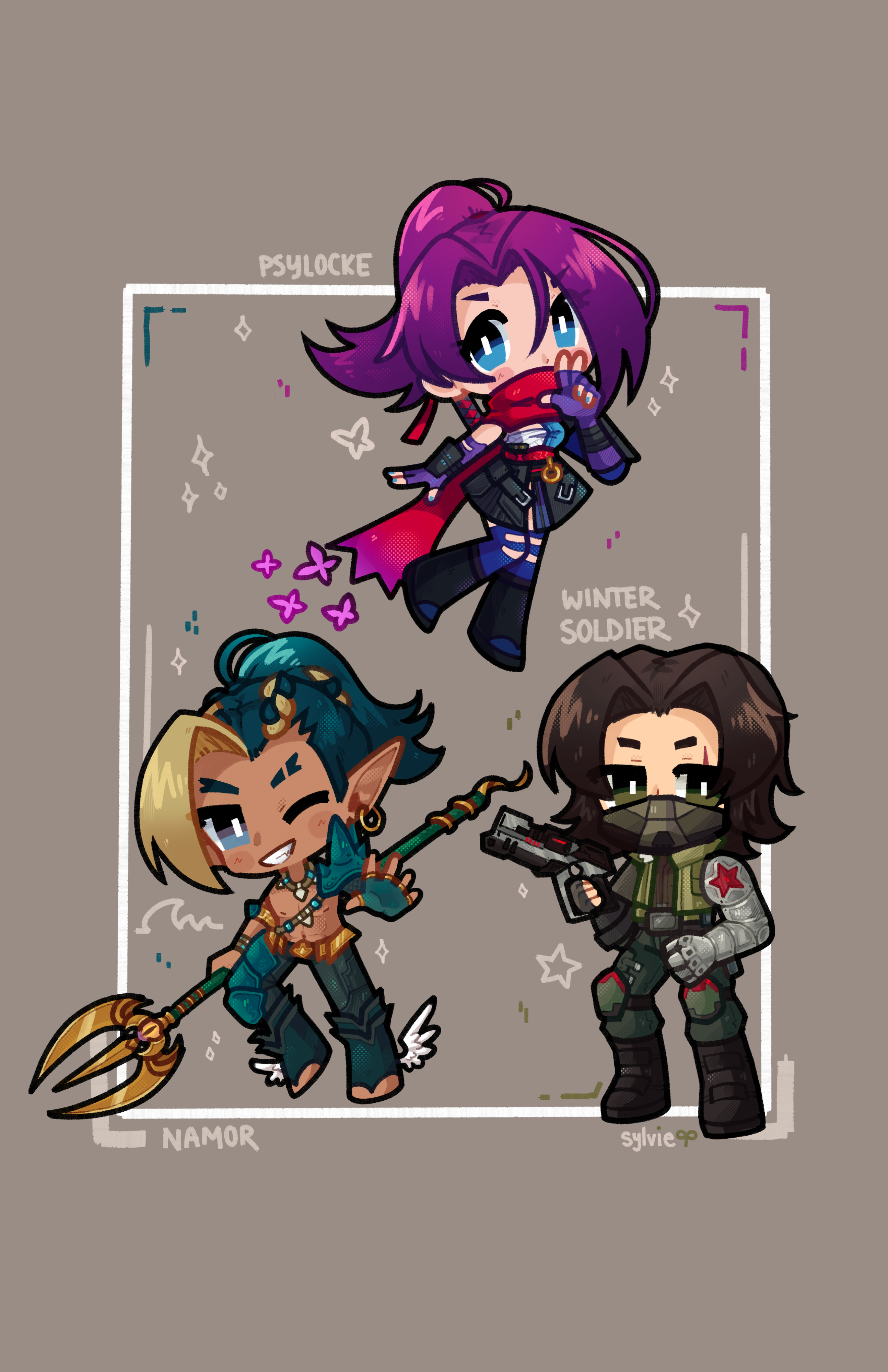 Namor/Psylocke/Bucky - Chibi Trio - 11x17 Print (Chibi design by Sylvie Sprout)
