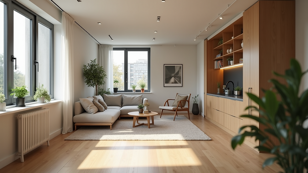 Eye-level view of modern co-living apartment common area