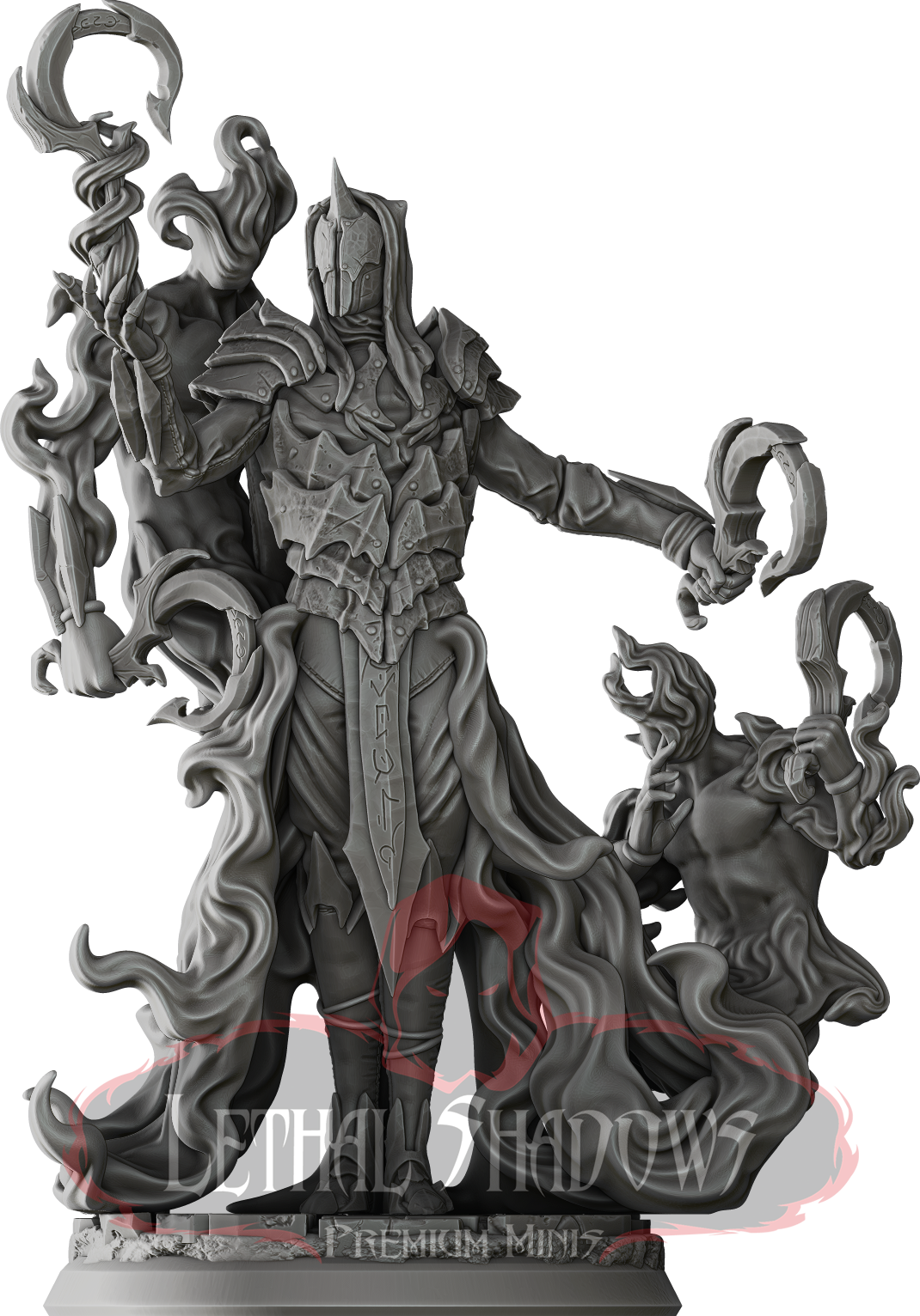 Grey-scale miniature figure, ornate armor, dark robes