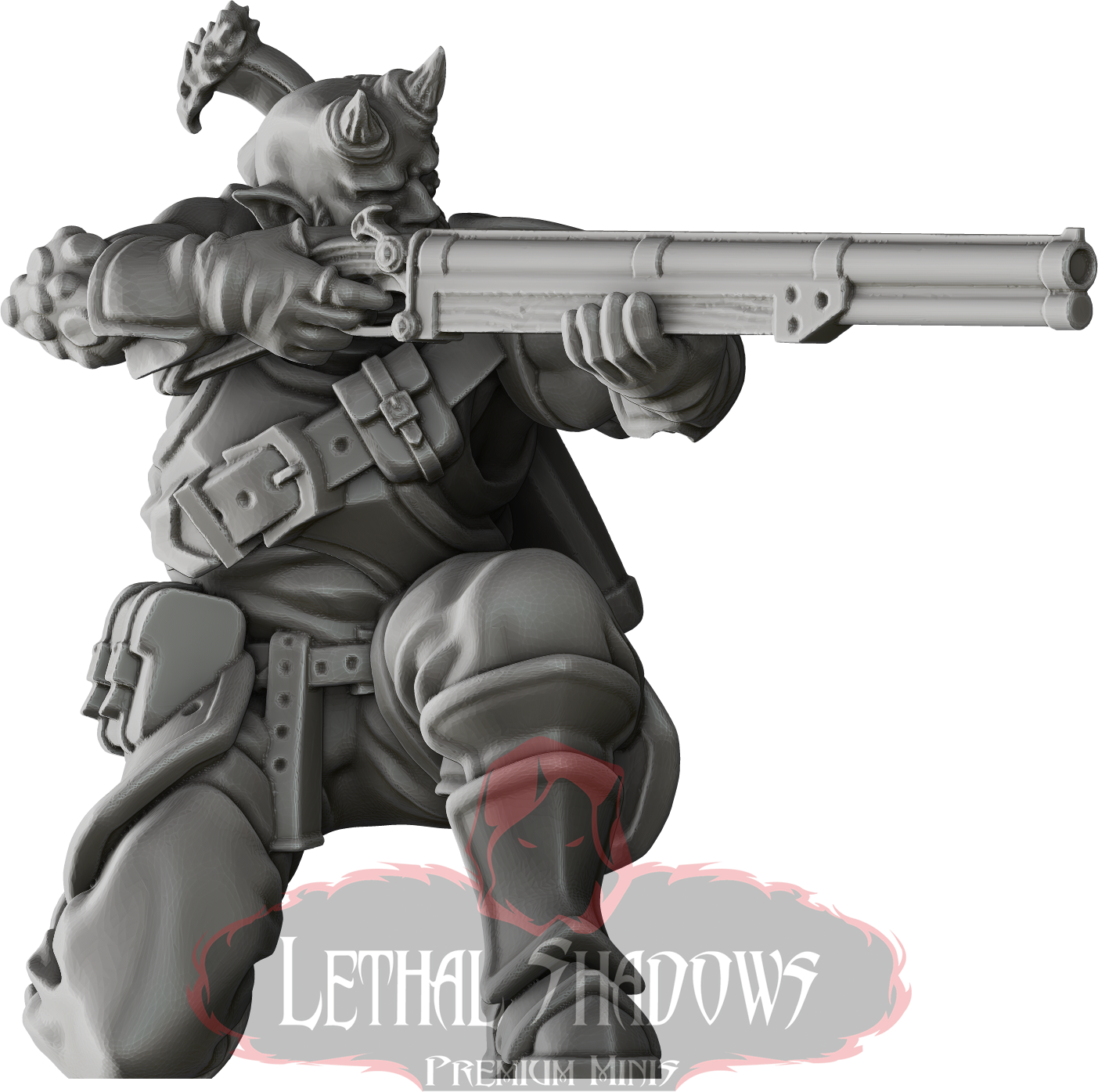 Lethal Shadows miniature: rhino-headed soldier aiming shotgun