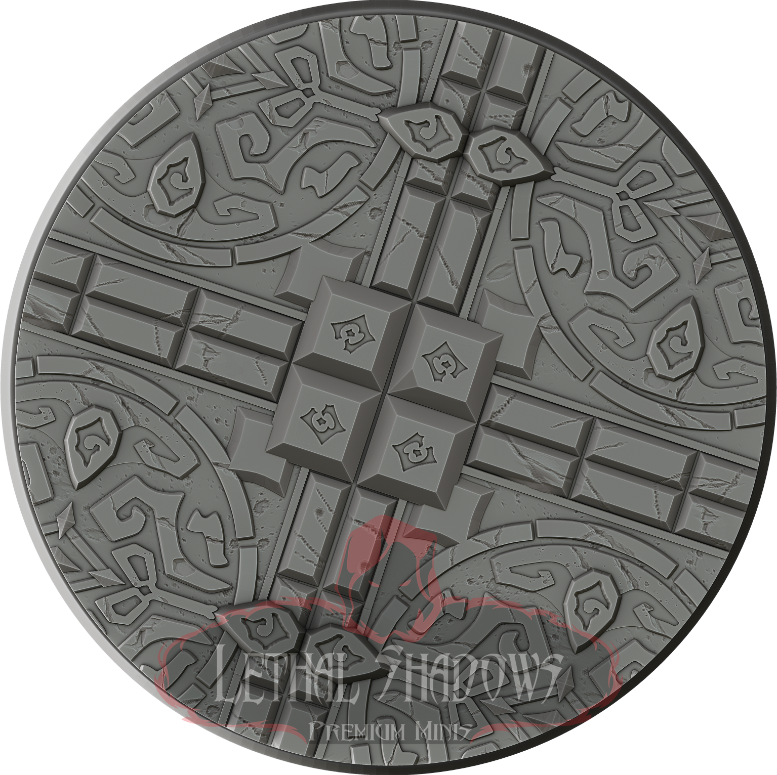 Gray stone shield with carvings