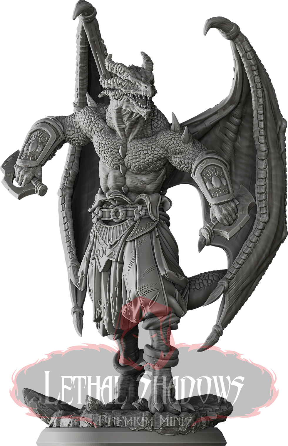 Dragon-like figure, armored, powerful stance