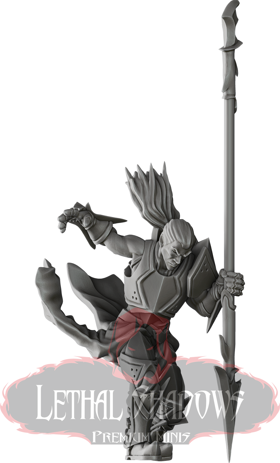 Thumbnail: Grey-armored warrior figure, dynamic pose, staff