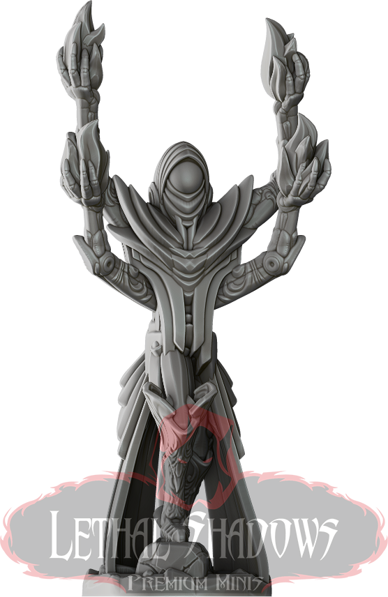 Grey robotic figure with raised arms