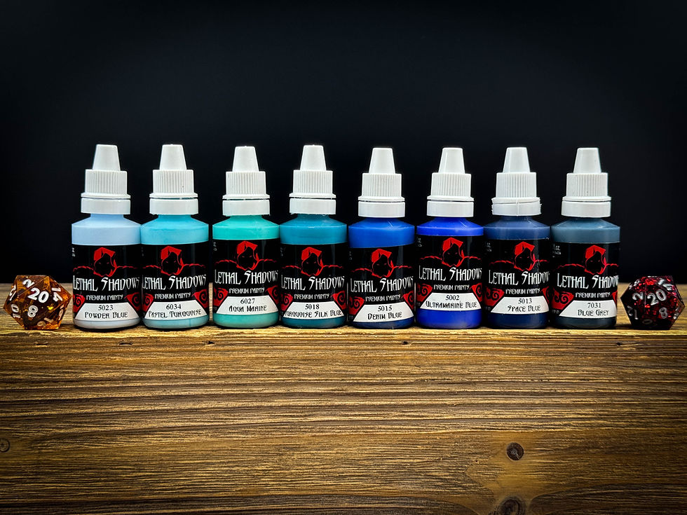 Thumbnail: Ten bottles of Tattoo pigments in shades of blue