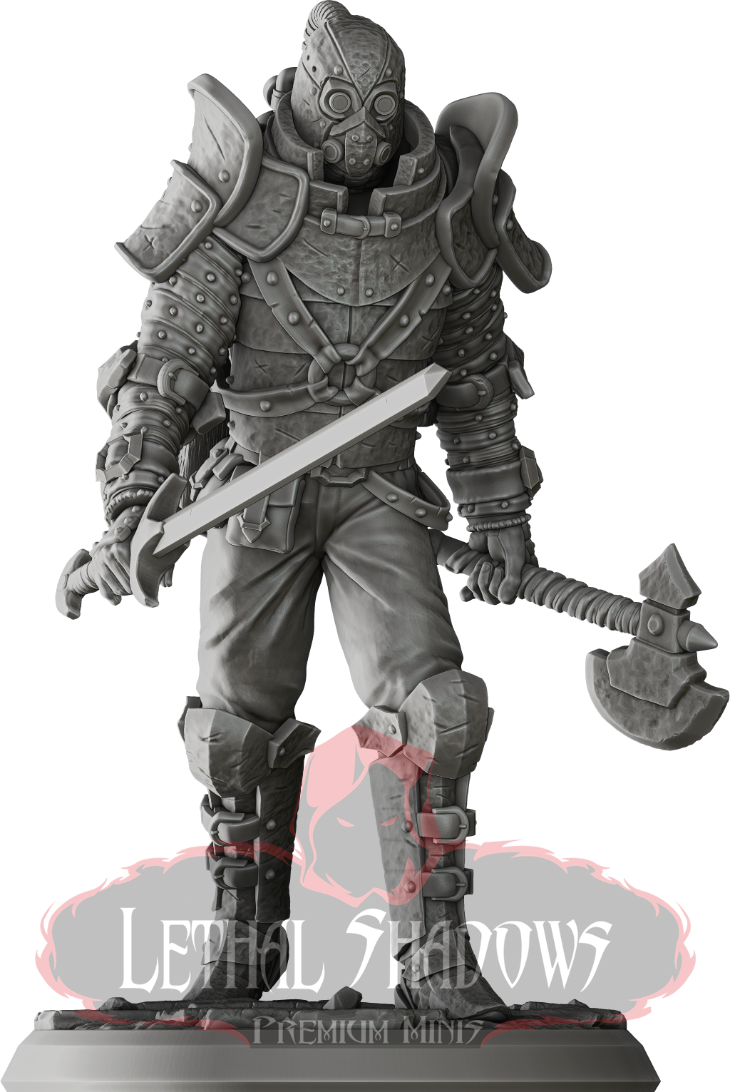 Grey armored knight miniature, wielding sword and axe, Lethal Shadows