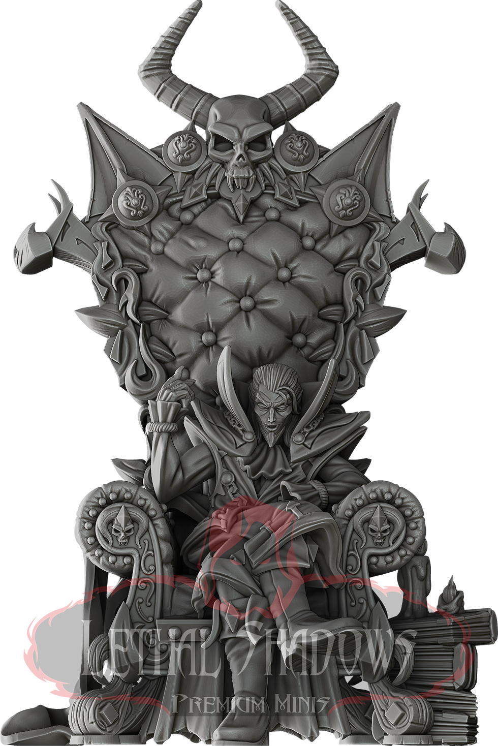 Render of Lucian (sitting) Vampiric figure seated on ornate throne