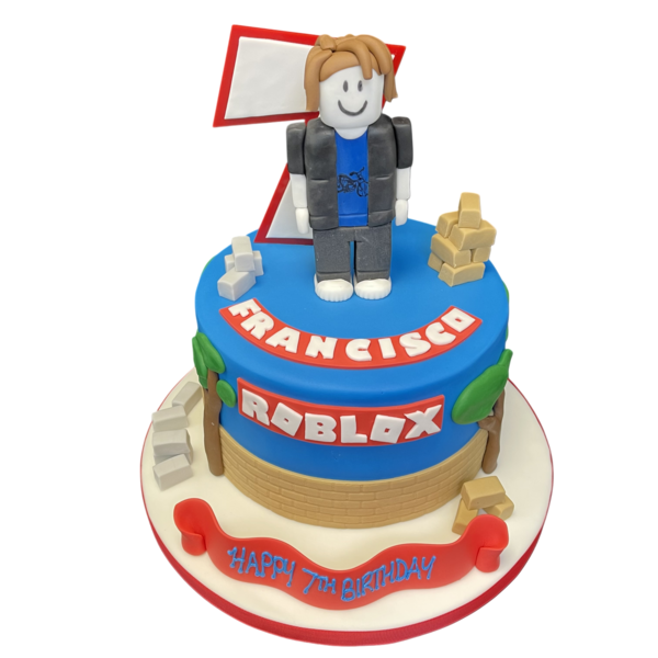 Bespoke Roblox character cake with vibrant colors and detailed features, crafted in Solihull, West Midlands.