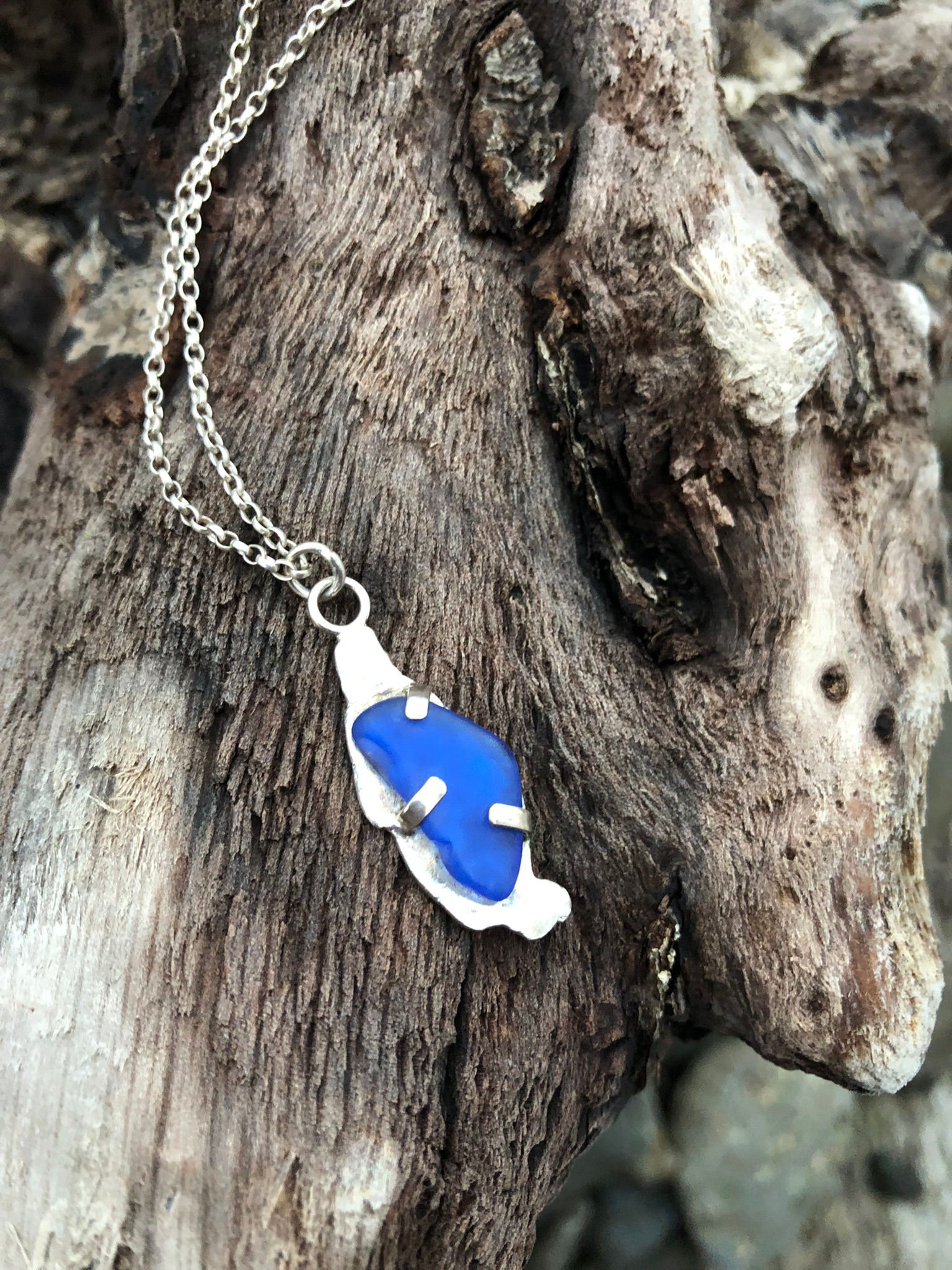 Blue Seaglass and Silver Pendant Necklace