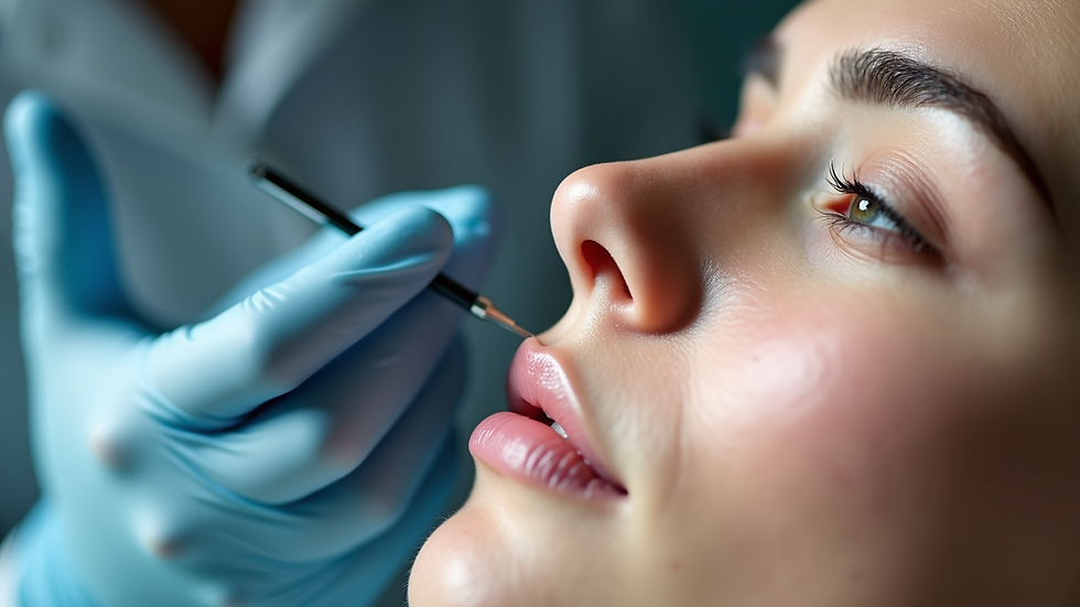 Close-up view of a cosmetic acupuncture needle gently placed on facial skin