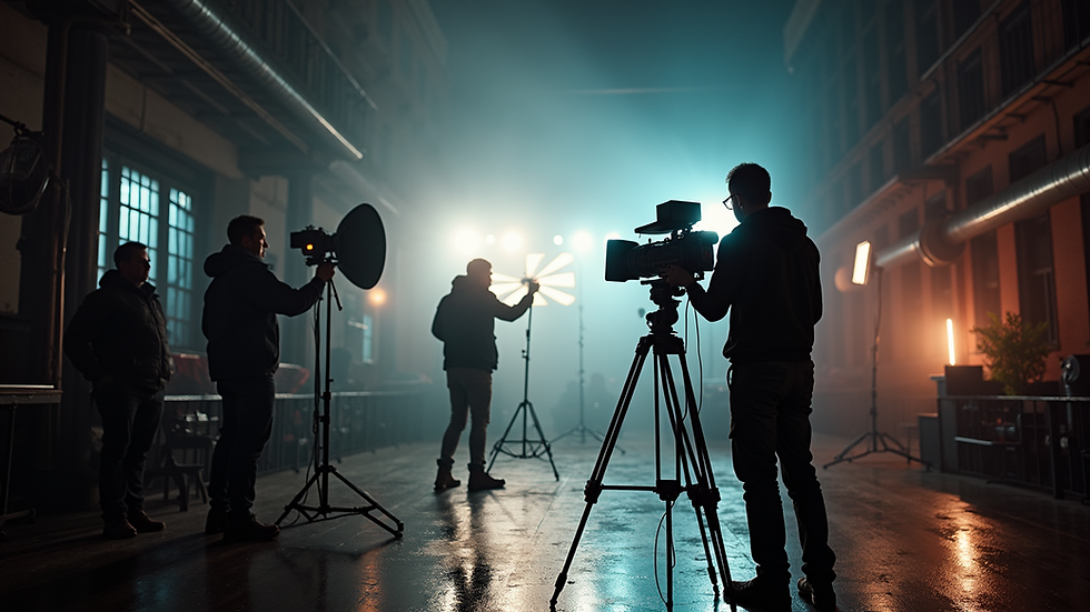 High angle view of a film crew setting up lights on a commercial shoot