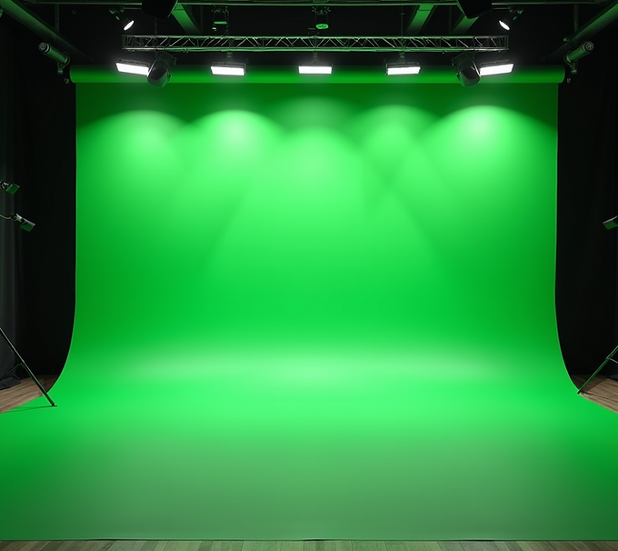 A panoramic view of a pristine, expansive green screen studio featuring professional light