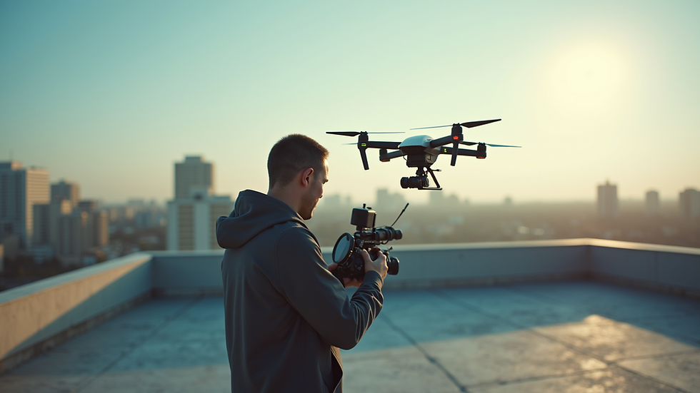 Eye-level view of a video director setting up a drone camera on a rooftop