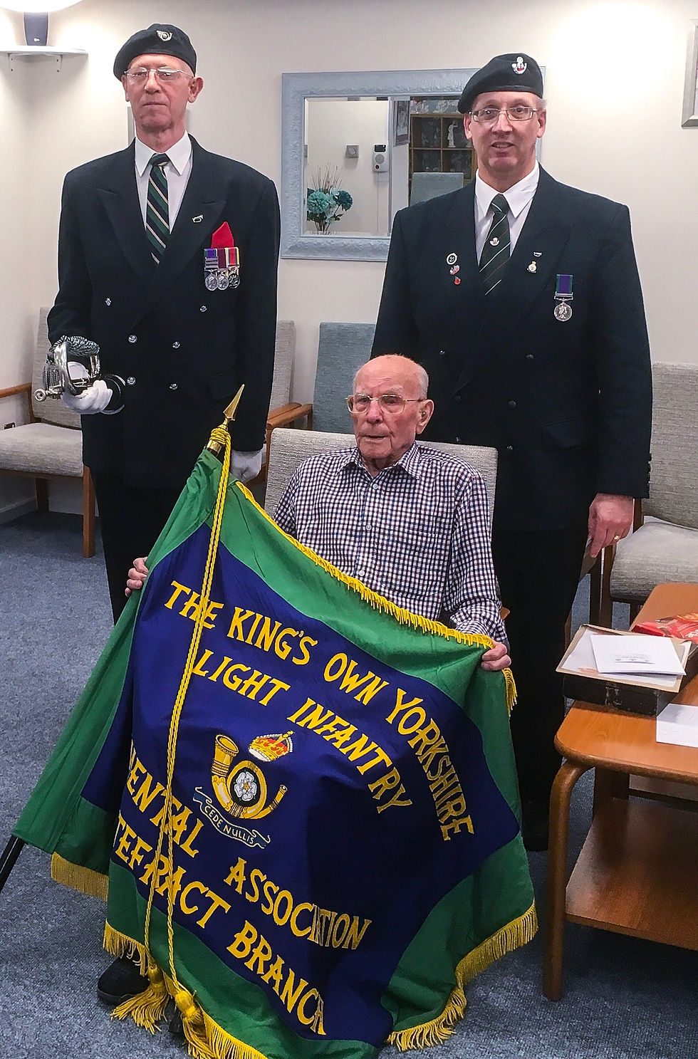 Sjt Ronald Calvert Late 1KOYLI with Bugler Pete Bate and Colin Cranswick in Rochdale