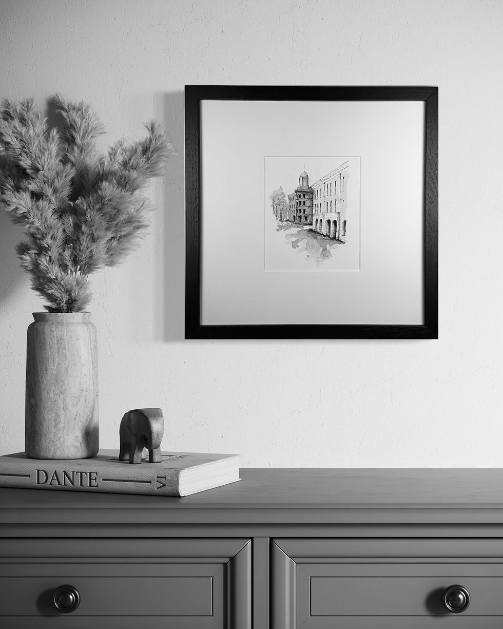 An in setting view of an original watercolor art piece showing the Long Shadows of Front Street in Traverse City, Michigan.