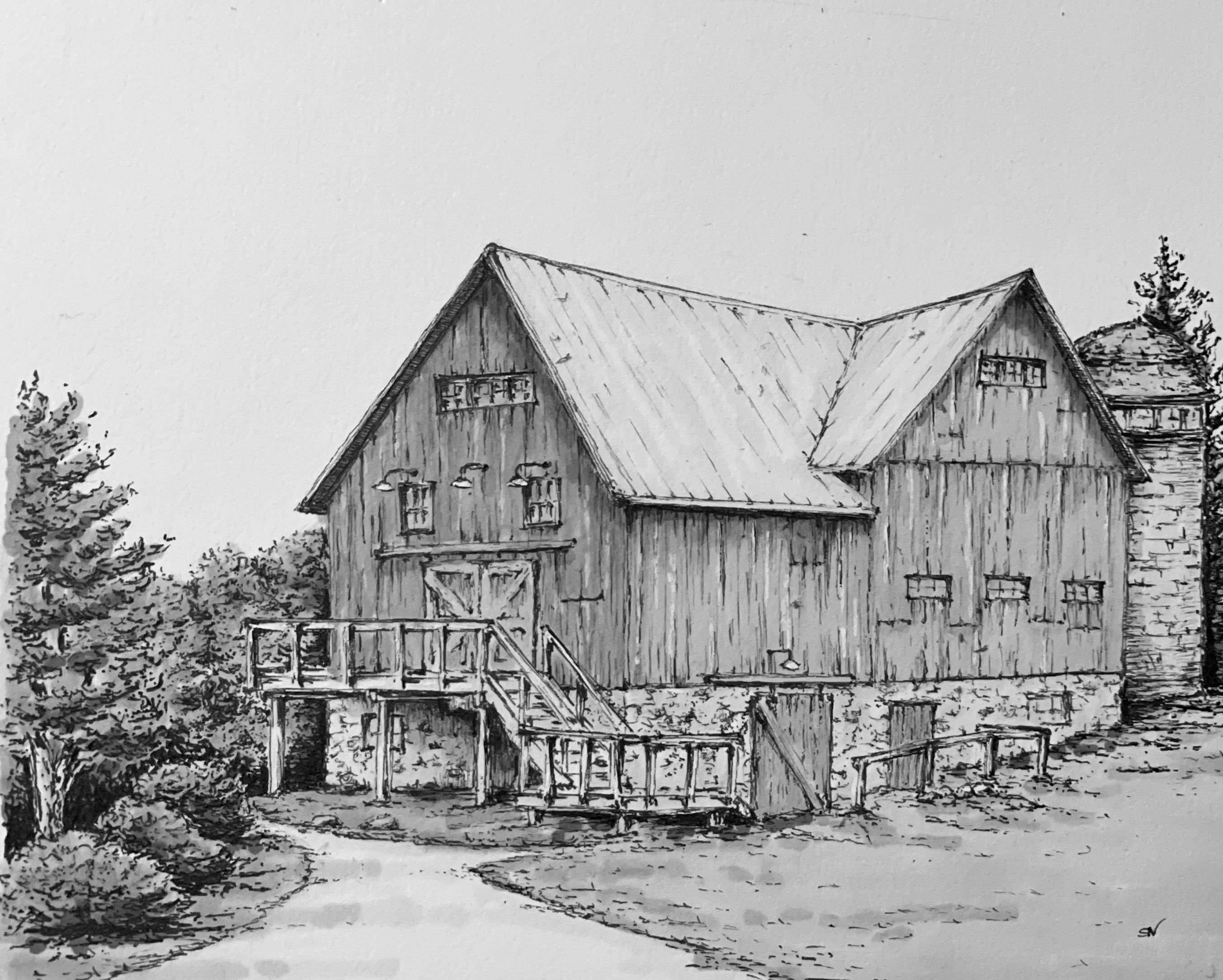 Starry Night Barn hand-drawn fine art print detailed view