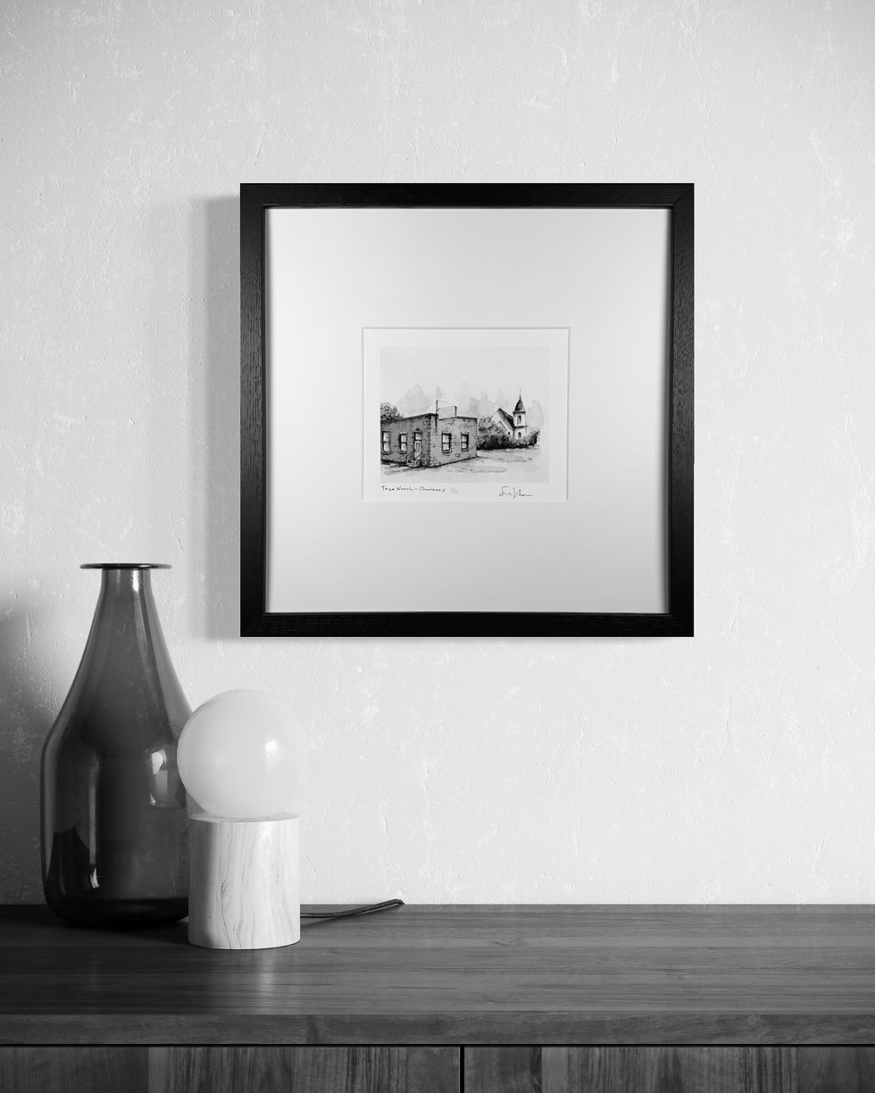 Thumbnail: Hand-drawn fine art print of True North Charlevoix framed in a study