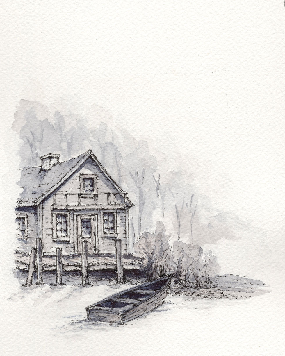 Detailed view of Nightfall at Fishtown an original watercolor from Stoney Bend