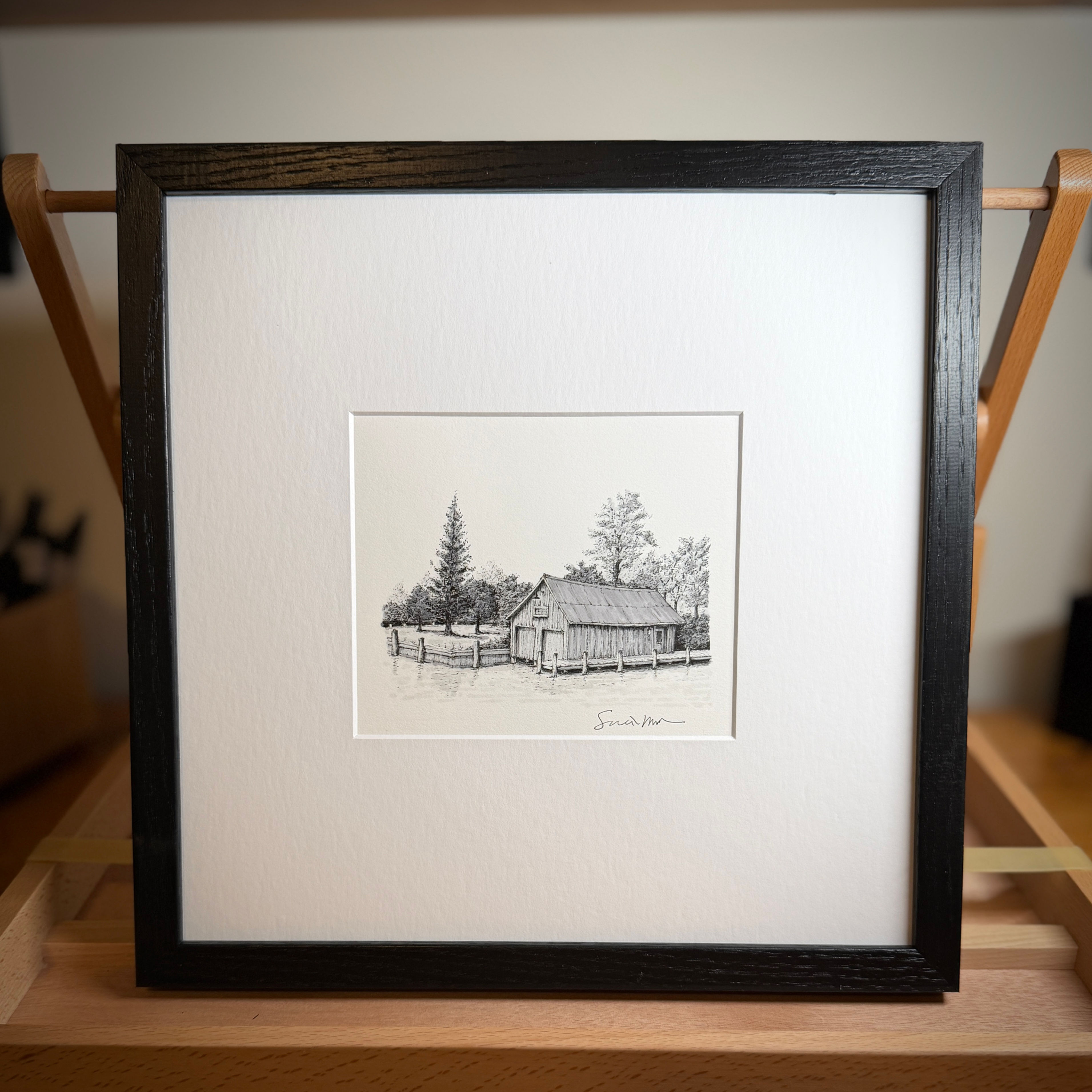River Boathouse — Leland original drawing framed close up view