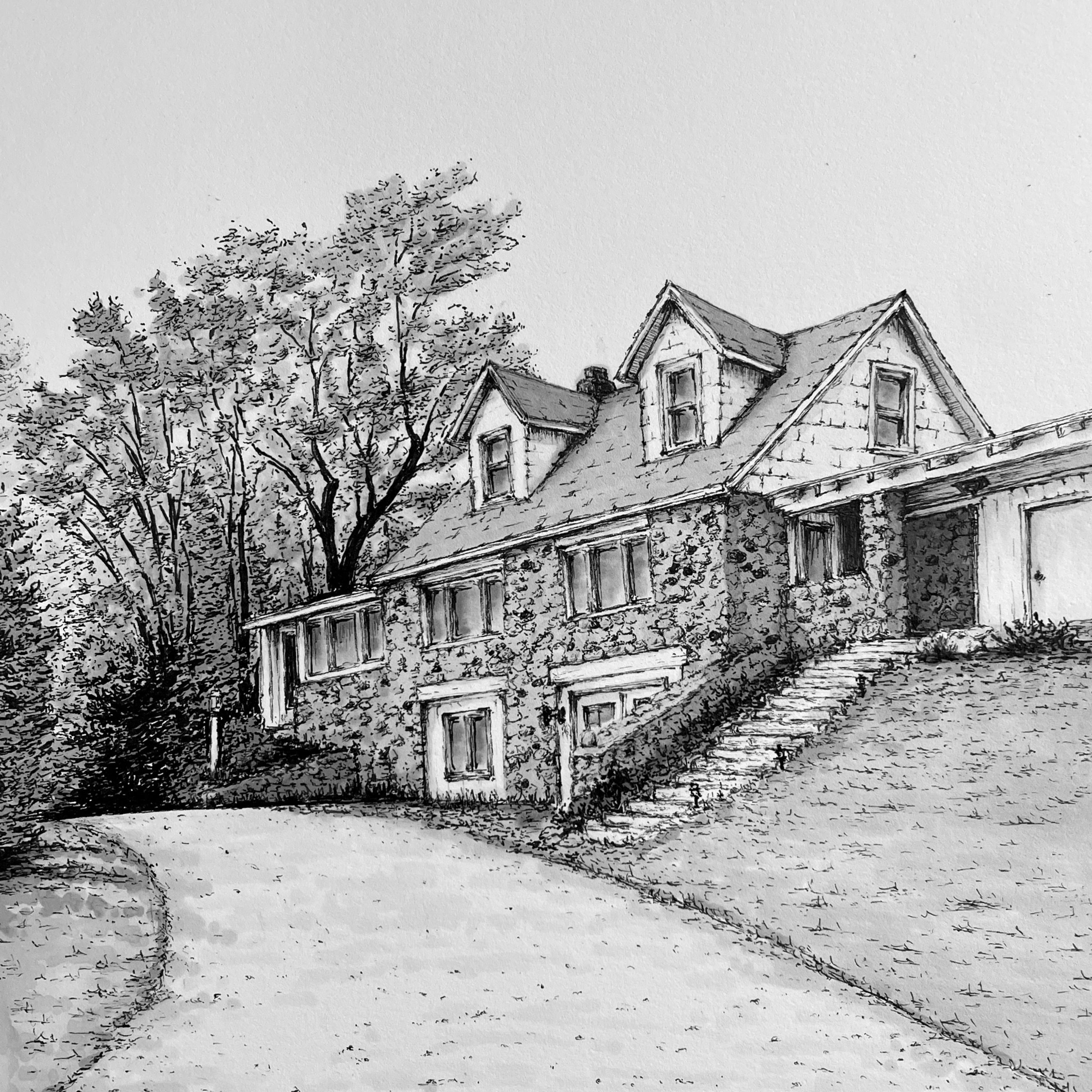Stone Cottage hand-drawn fine art print detailed view
