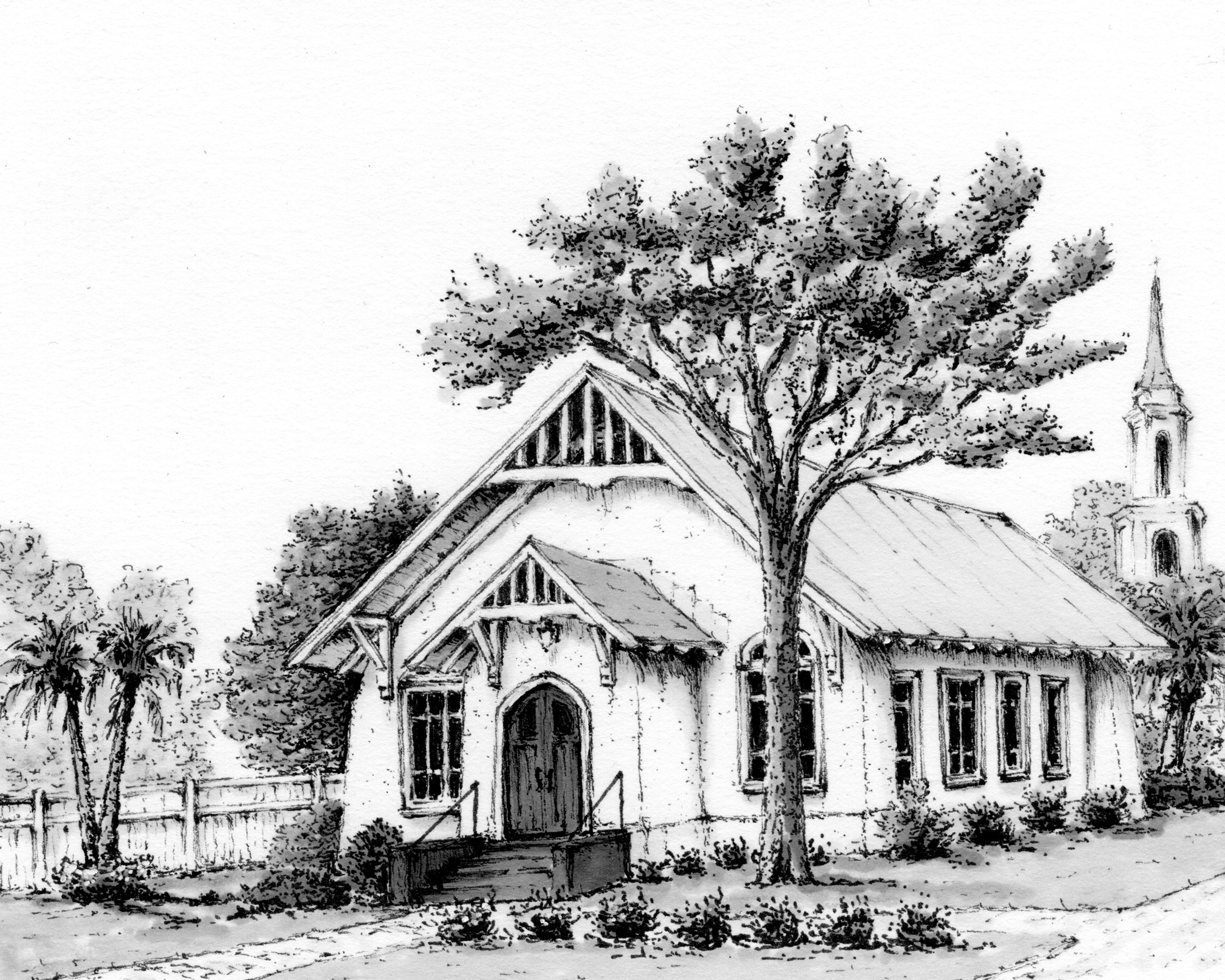 Derby Chapel in Cocoa Beach Florida hand-drawn art detailed view