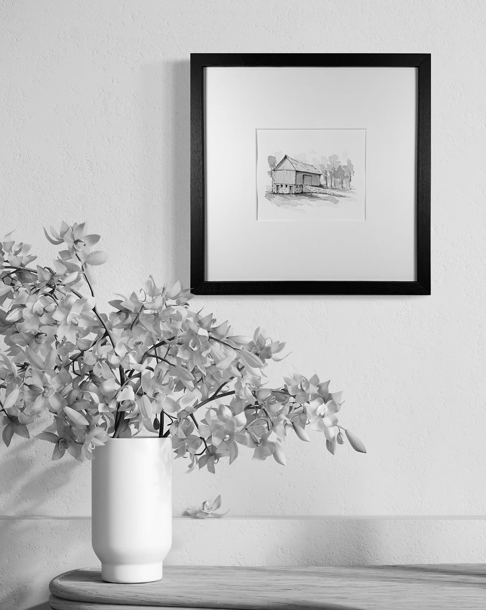 Thumbnail: Autumn Barn, Old Mission Peninsula watercolor print framed and hanging on a wall