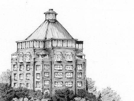 A hand-drawn sketch of the Park Place Hotel in Northern Michigan