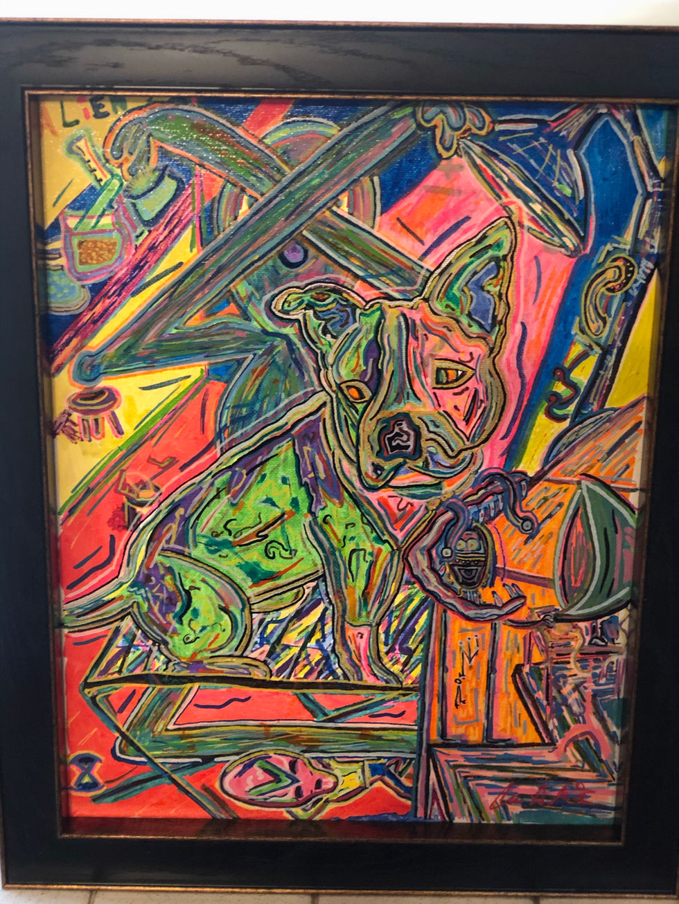 Colorful abstract painting featuring a dog and various objects.